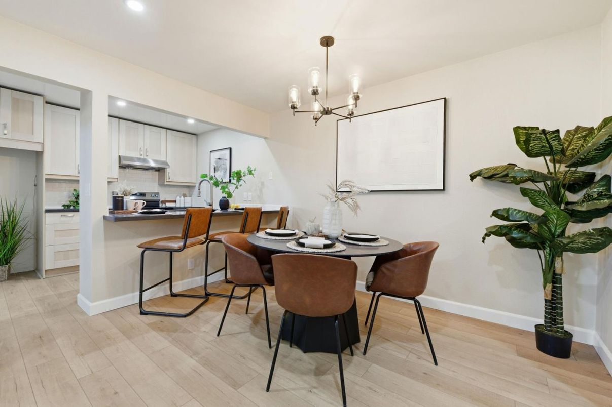 Dining room, Interior, Kitchen, Pendant Lights, Recessed Lighting, Stainless Steel Appliances, Wood Texture Flooring