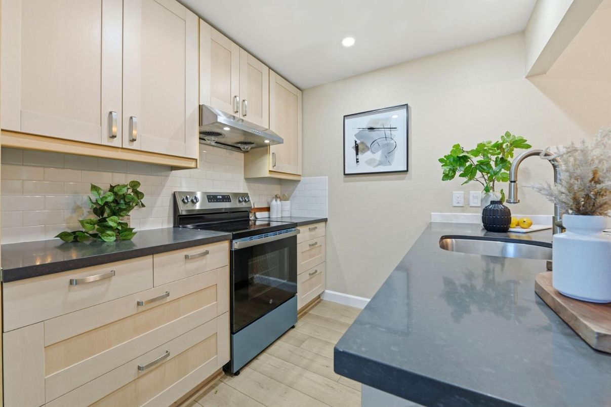 Interior, Kitchen, Recessed Lighting, Stainless Steel Appliances, Wood Texture Flooring