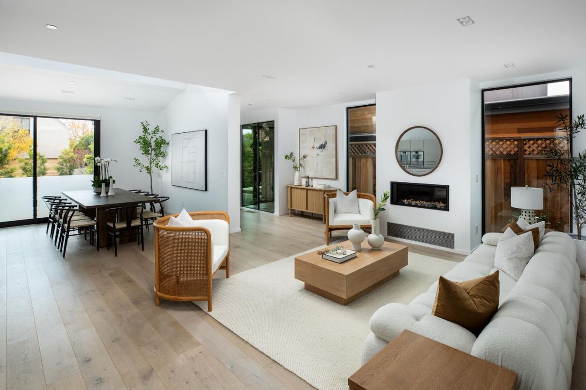 Dining room, Fireplace, Interior, Living room, Recessed Lighting, Wood Texture Flooring