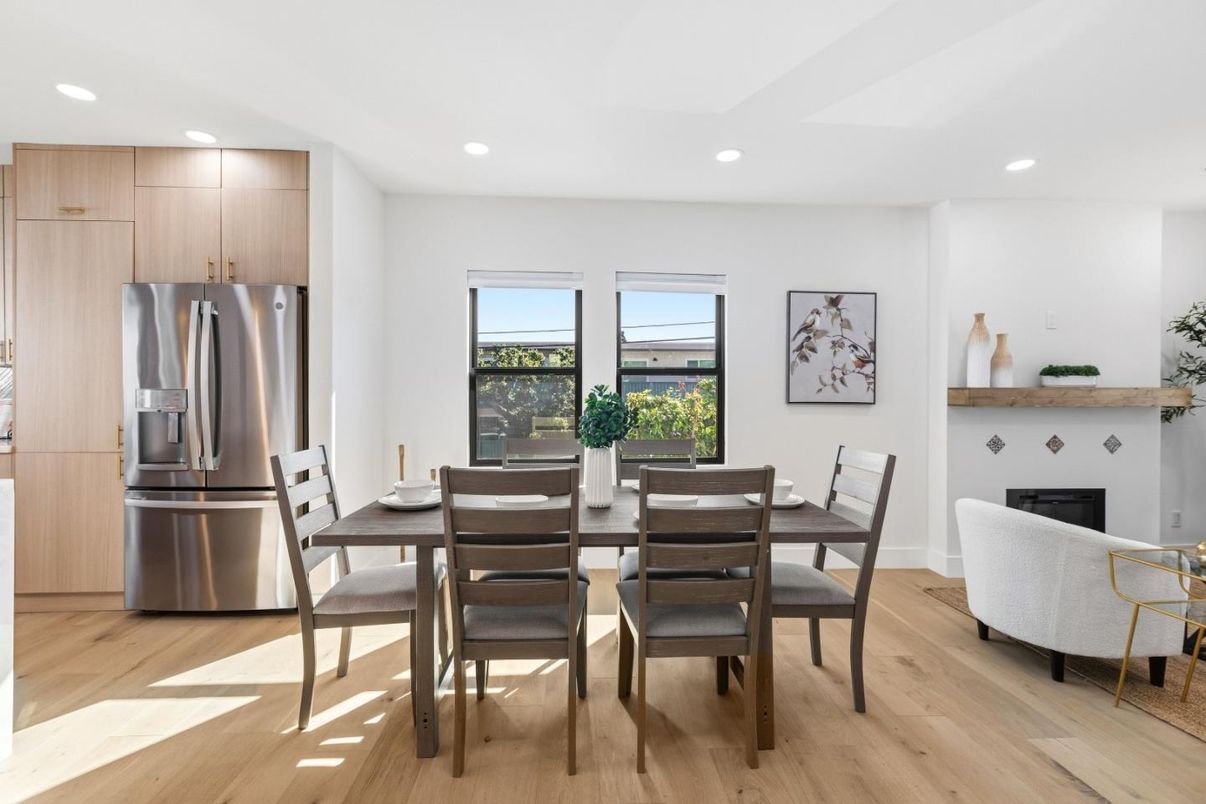 Dining room, Interior, Kitchen, Recessed Lighting, Stainless Steel Appliances, Wood Texture Flooring