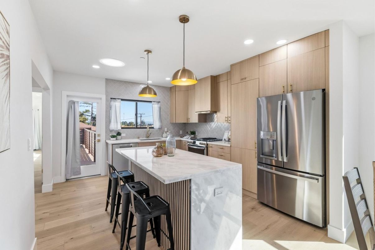 Interior, Kitchen, Pendant Lights, Recessed Lighting, Stainless Steel Appliances, Wood Texture Flooring