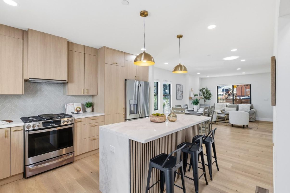 Interior, Kitchen, Living room, Pendant Lights, Recessed Lighting, Stainless Steel Appliances, Wood Texture Flooring