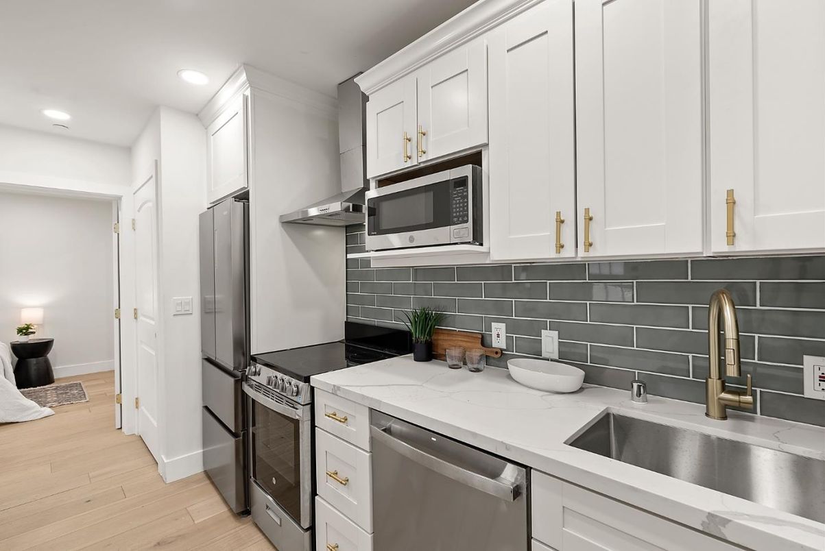 Interior, Kitchen, Recessed Lighting, Stainless Steel Appliances, Wood Texture Flooring