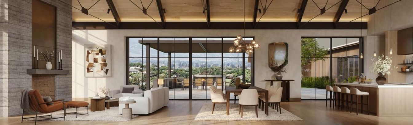 Dining room, Fireplace, Interior, Living room, Pendant Lights, Wooden Beams, Wooden Ceilings, Wood Texture Flooring