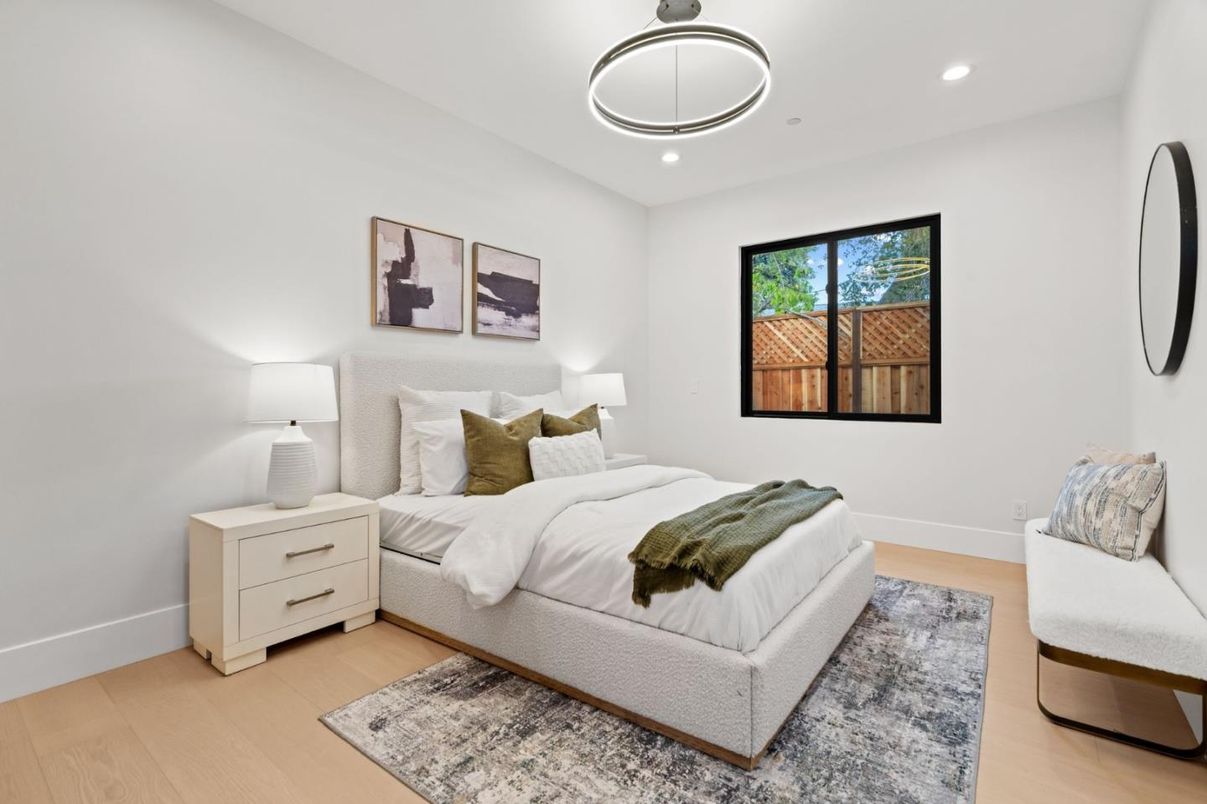 Bedroom, Interior, Pendant Lights, Recessed Lighting, Wood Texture Flooring