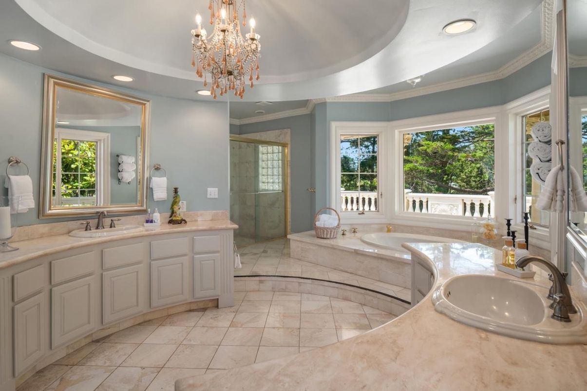 Bathroom, Chandelier, Dual Sink Vanities, Glass Shower, Interior, Recessed Lighting
