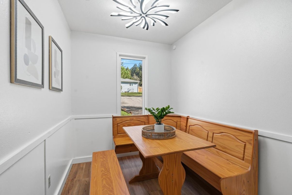 Dining room, Interior, Pendant Lights, Wood Texture Flooring