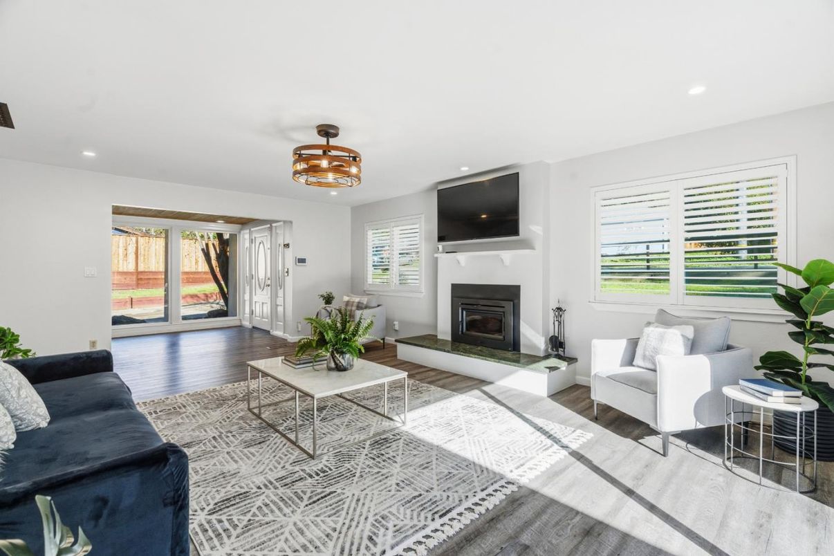 Fireplace, Interior, Living room, Recessed Lighting, Wood Texture Flooring