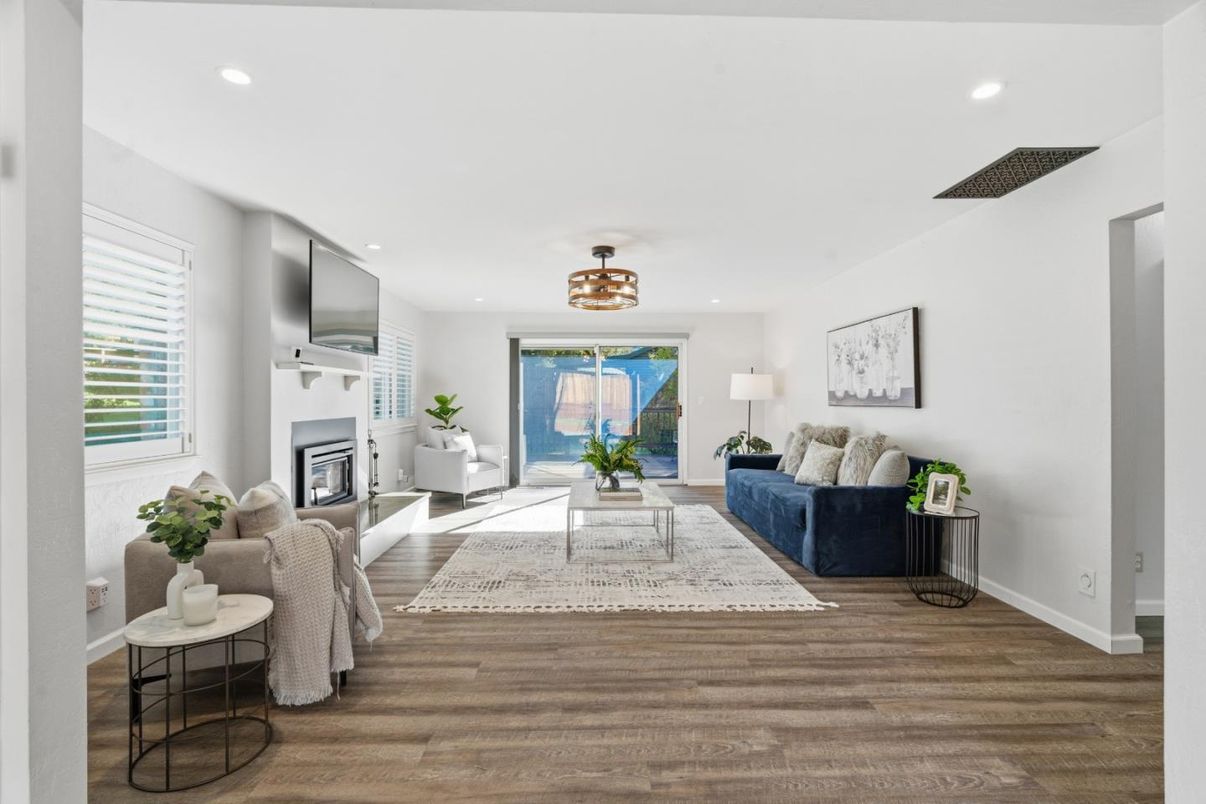 Fireplace, Interior, Living room, Recessed Lighting, Wood Texture Flooring