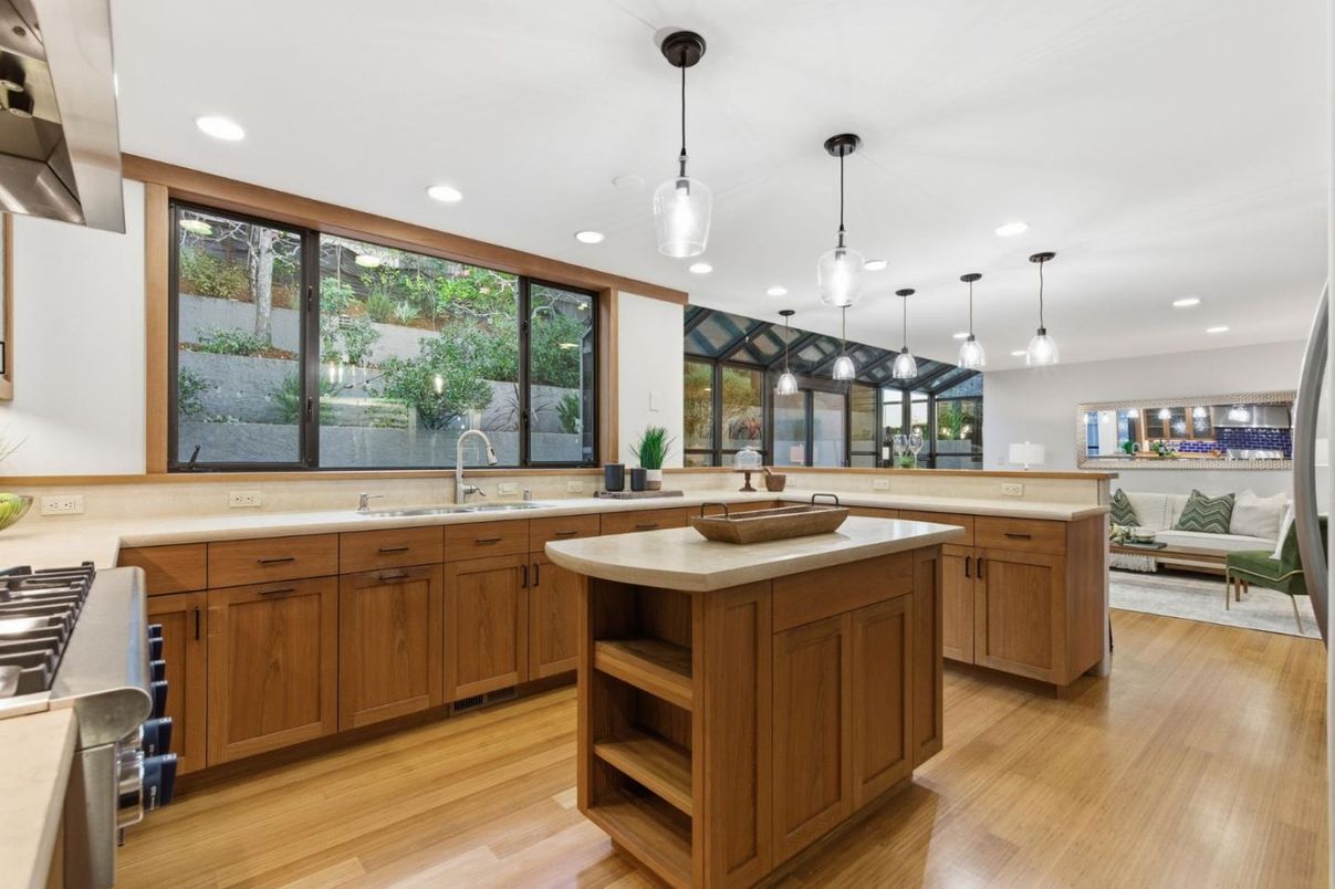 Interior, Kitchen, Living room, Pendant Lights, Recessed Lighting, Wood Texture Flooring