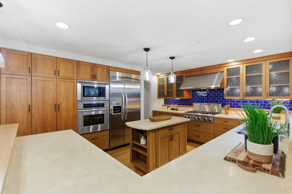 Interior, Kitchen, Pendant Lights, Recessed Lighting, Stainless Steel Appliances, Wood Texture Flooring