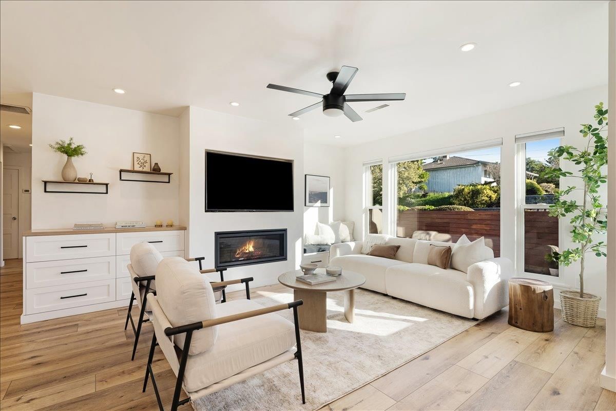 Fireplace, Interior, Living room, Recessed Lighting, Wood Texture Flooring