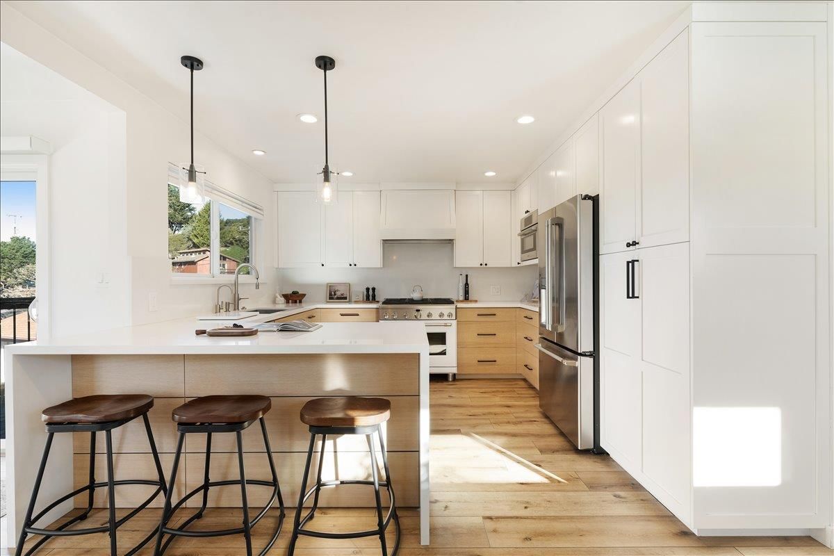 Interior, Kitchen, Pendant Lights, Recessed Lighting, Stainless Steel Appliances, Wood Texture Flooring