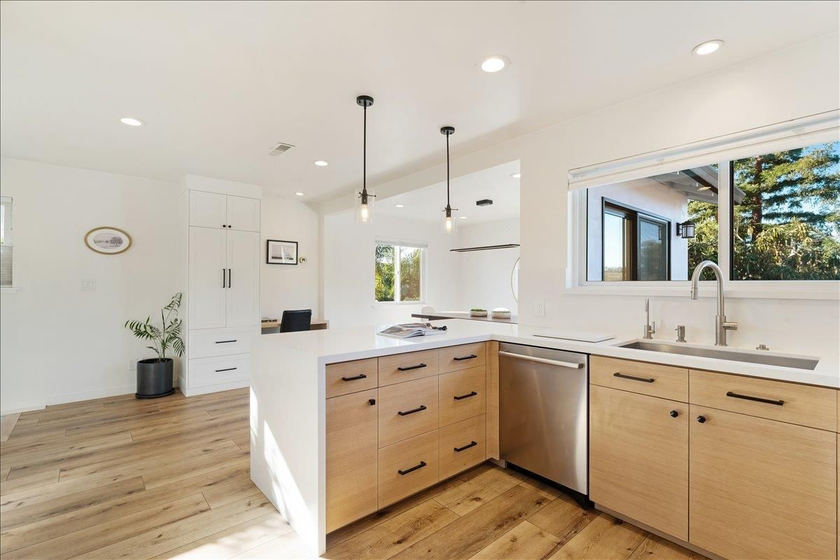 Interior, Kitchen, Pendant Lights, Recessed Lighting, Stainless Steel Appliances, Wood Texture Flooring