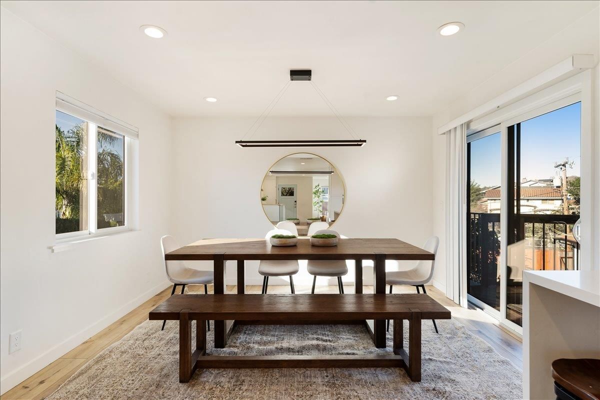Dining room, Interior, Pendant Lights, Recessed Lighting, Wood Texture Flooring