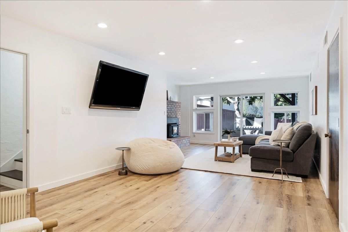 Fireplace, Interior, Living room, Recessed Lighting, Wood Texture Flooring