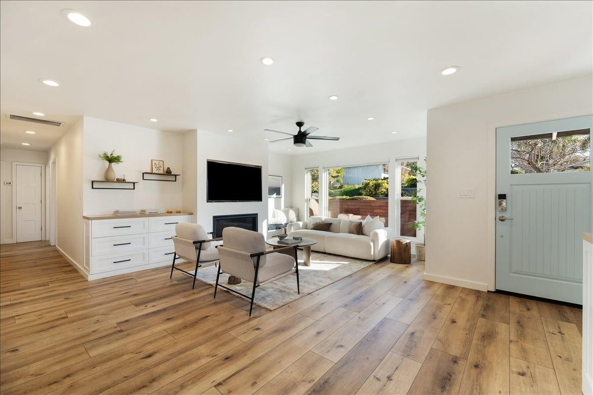 Fireplace, Interior, Living room, Recessed Lighting, Wood Texture Flooring