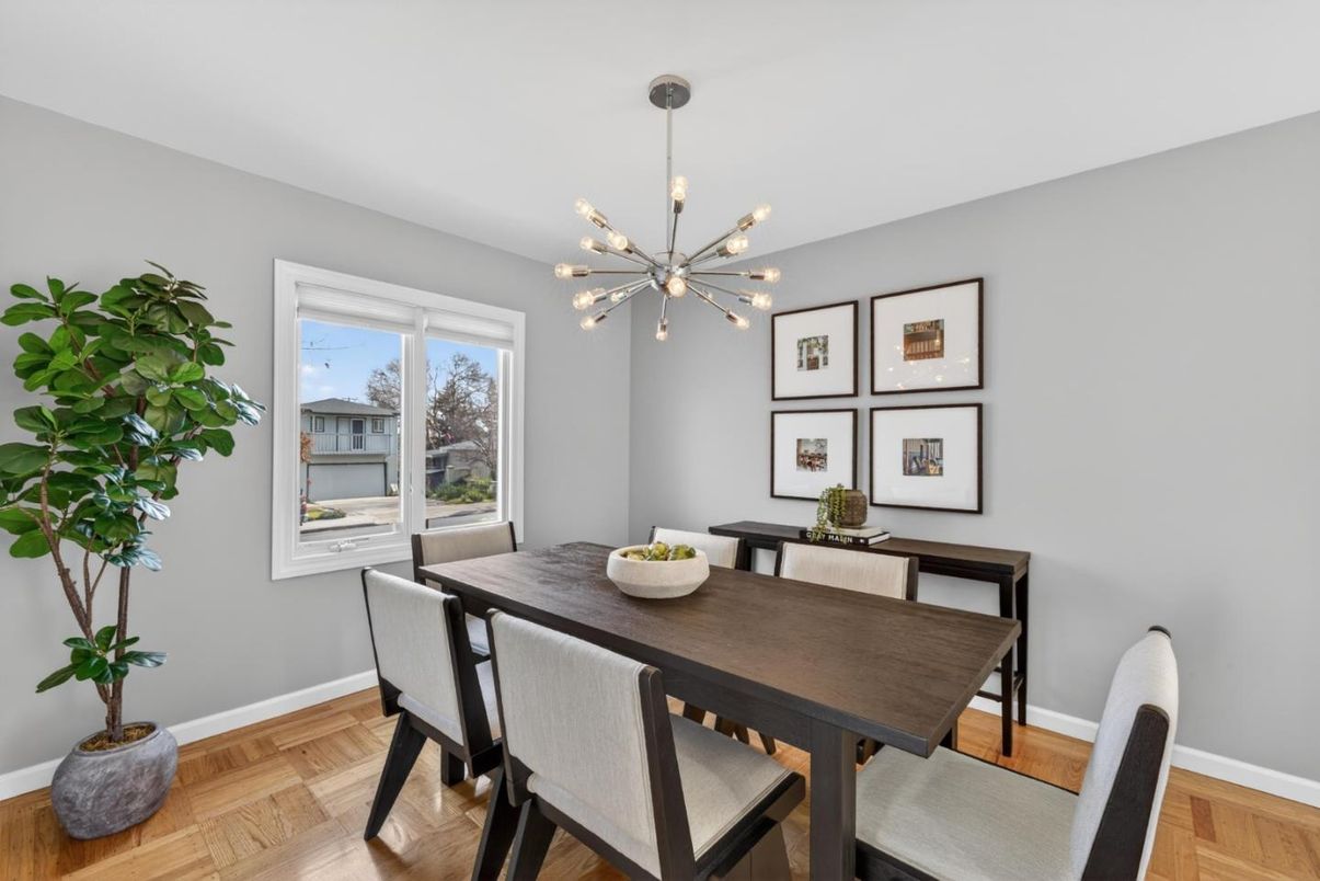 Dining room, Interior, Pendant Lights, Wood Texture Flooring