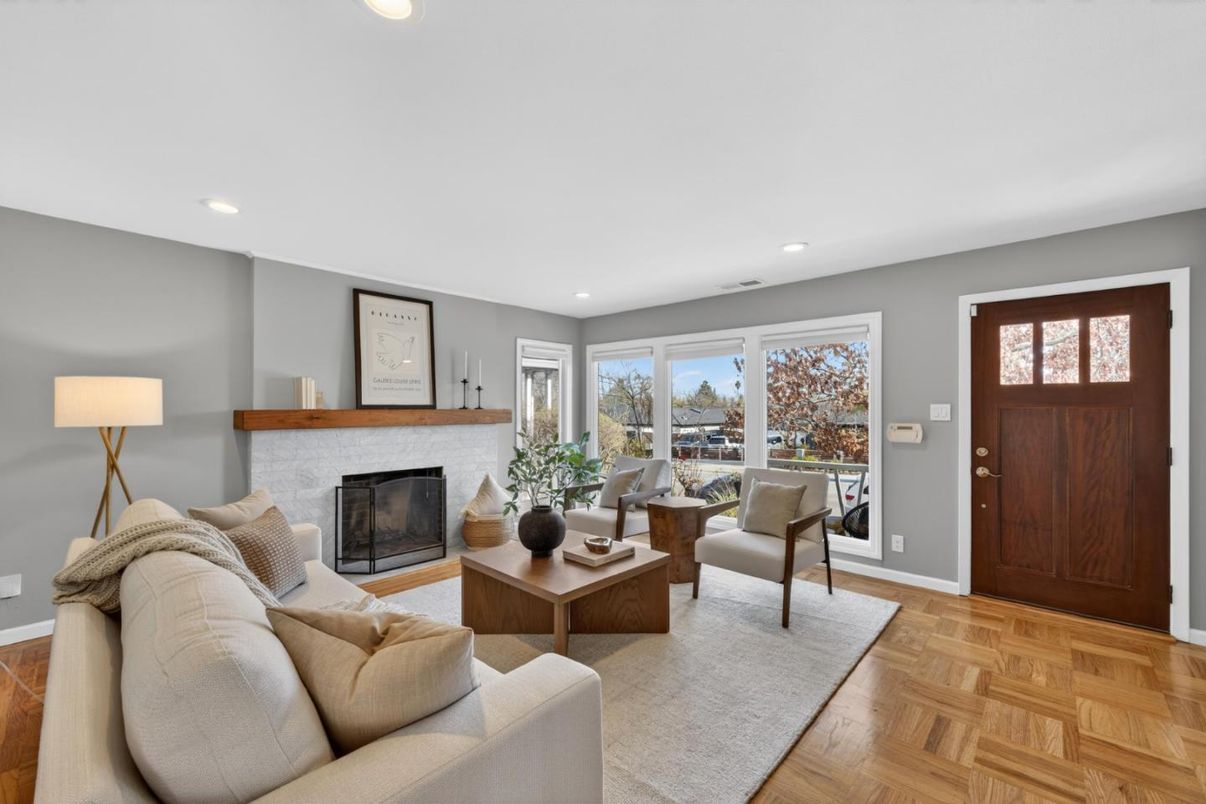 Fireplace, Interior, Living room, Recessed Lighting, Wood Texture Flooring