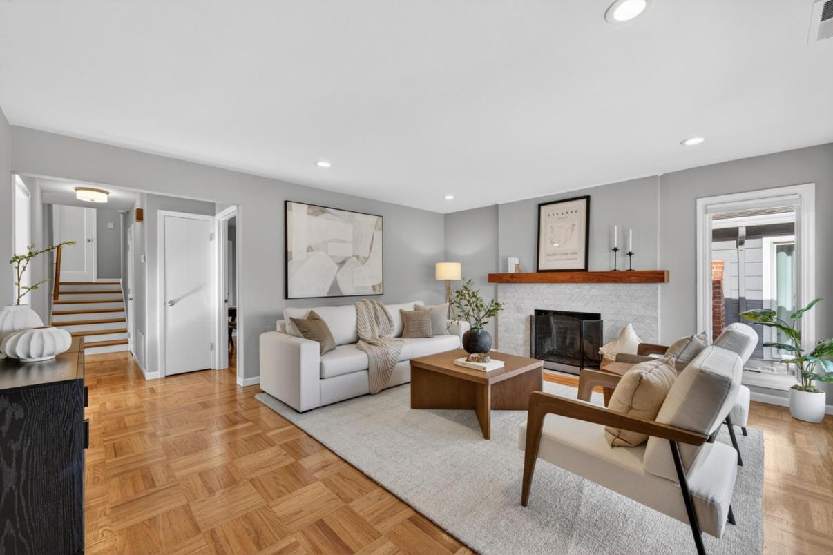 Fireplace, Interior, Living room, Recessed Lighting, Wood Texture Flooring