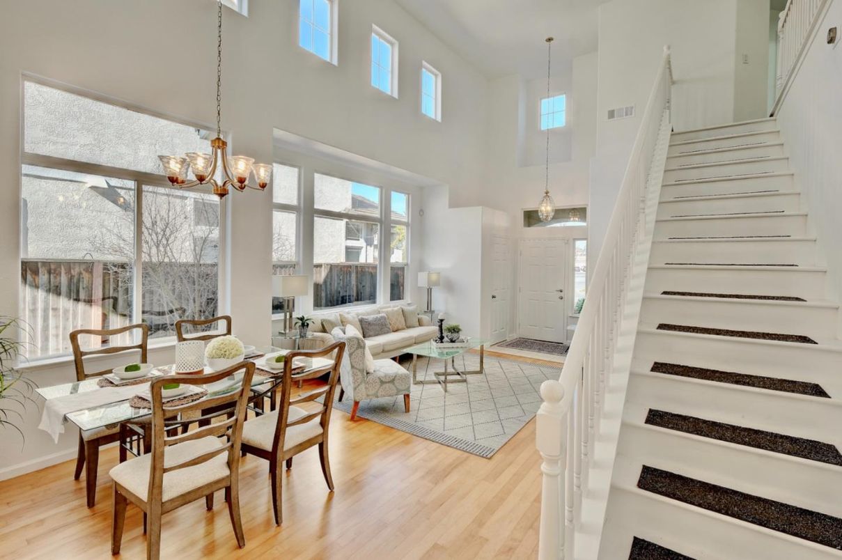 Dining room, Interior, Living room, Pendant Lights, Wood Texture Flooring