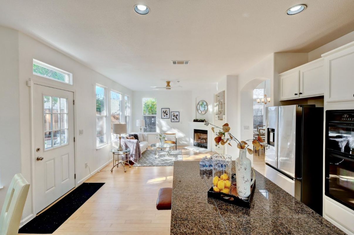 Fireplace, Interior, Kitchen, Living room, Recessed Lighting, Wood Texture Flooring