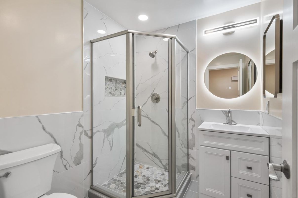 Bathroom, Glass Shower, Interior, Marble Walls, Recessed Lighting