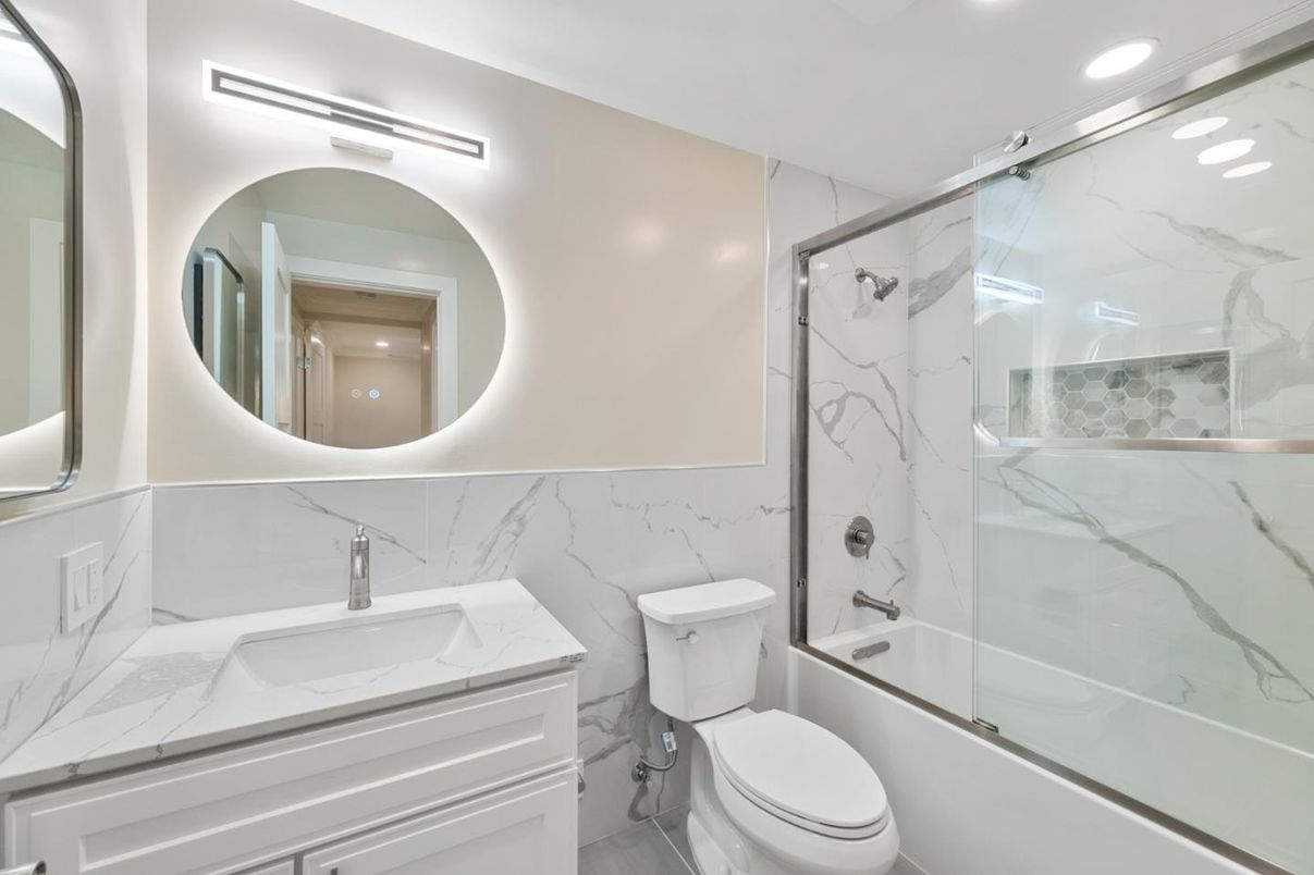 Bathroom, Glass Shower, Interior, Marble Walls, Recessed Lighting