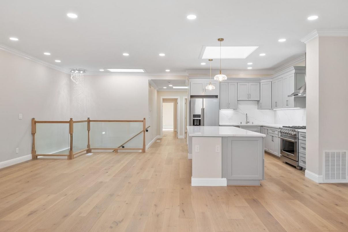 Interior, Kitchen, Pendant Lights, Recessed Lighting, Stainless Steel Appliances, Wood Texture Flooring