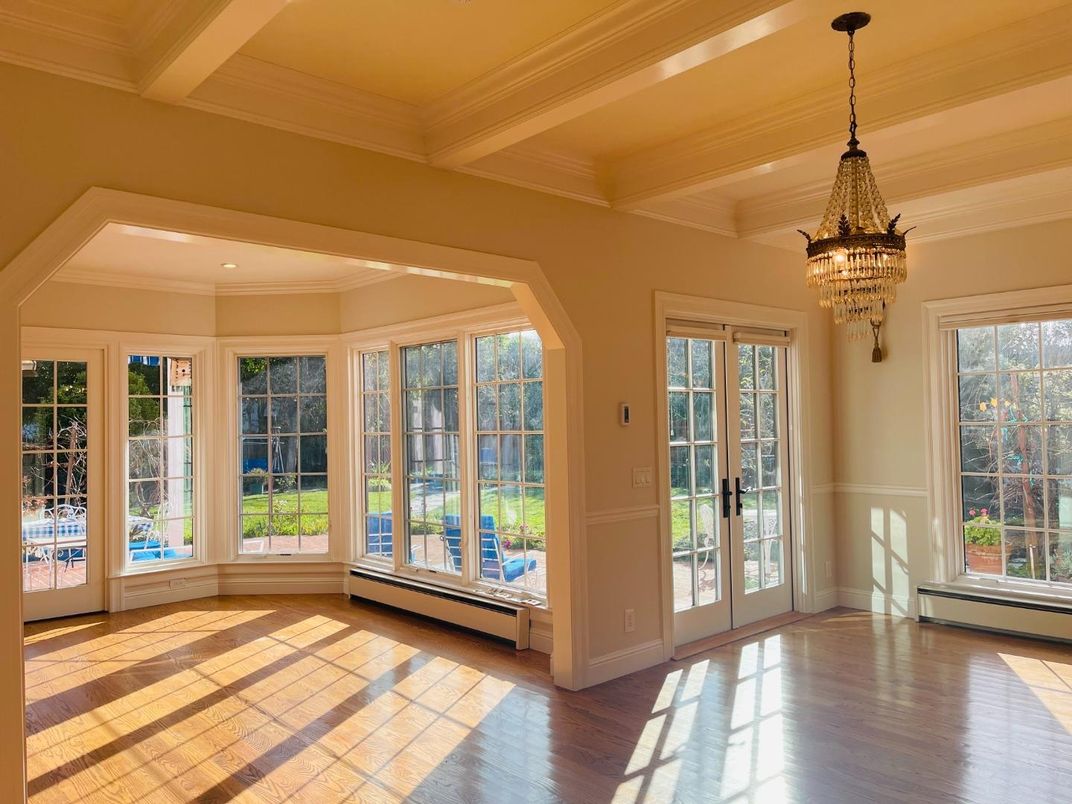 Chandelier, Empty room, Interior, Recessed Lighting, Wood Texture Flooring