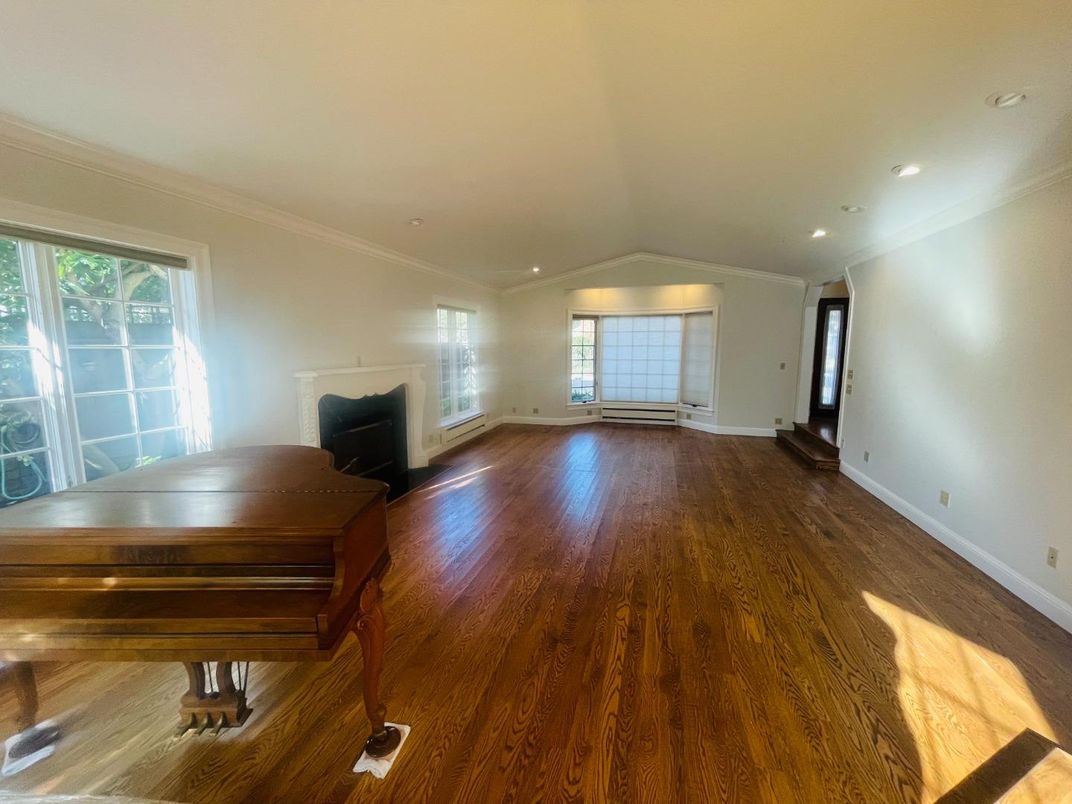 Empty room, Fireplace, Interior, Piano, Recessed Lighting, Wood Texture Flooring
