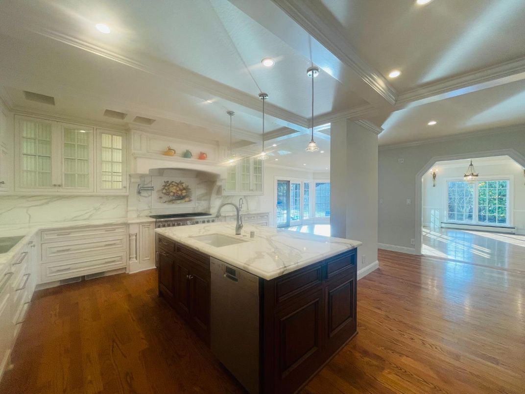 Interior, Kitchen, Marble Walls, Pendant Lights, Recessed Lighting, Wood Texture Flooring