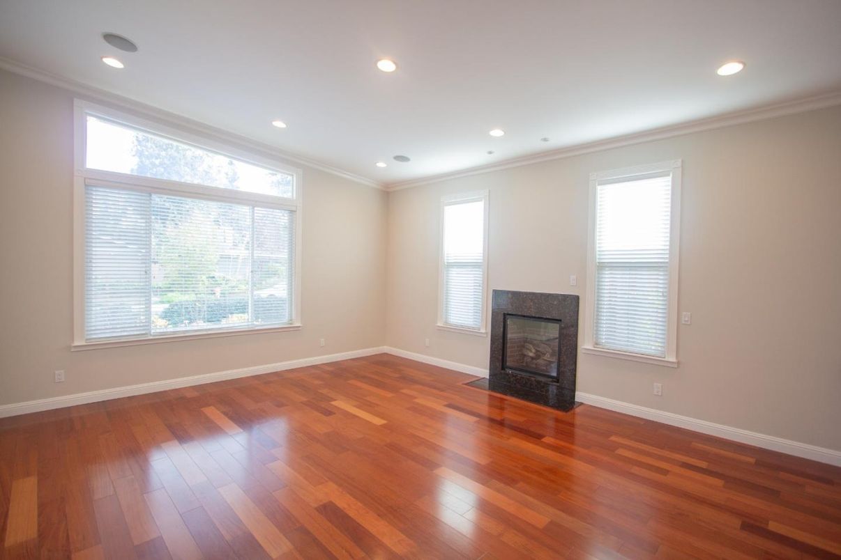 Empty room, Fireplace, Interior, Recessed Lighting, Wood Texture Flooring