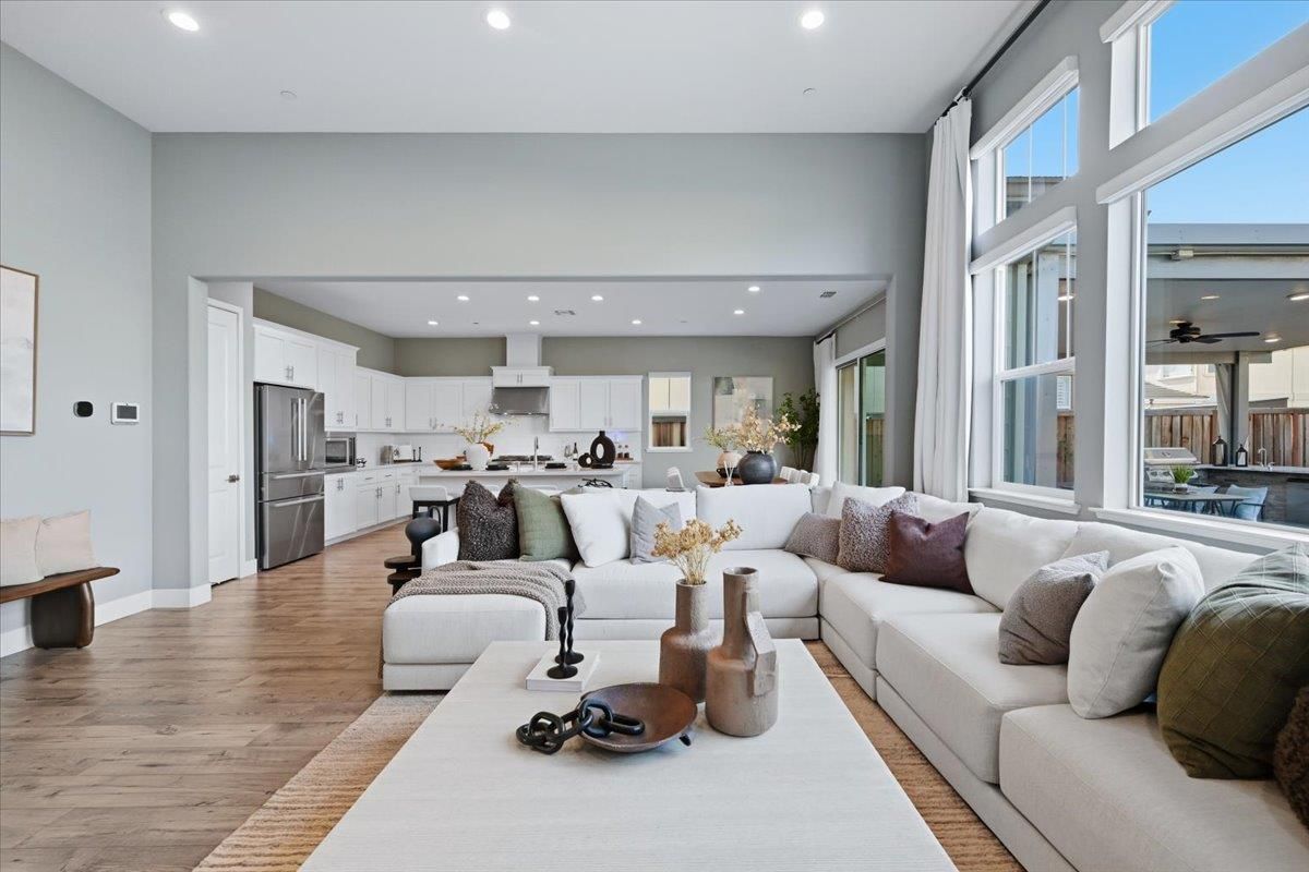 Interior, Kitchen, Living room, Recessed Lighting, Stainless Steel Appliances, Wood Texture Flooring