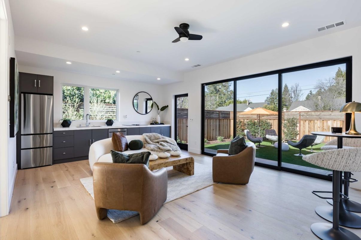 Interior, Kitchen, Living room, Recessed Lighting, Stainless Steel Appliances, Wood Texture Flooring