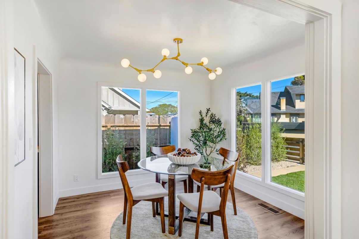 Dining room, Interior, Pendant Lights, Wood Texture Flooring