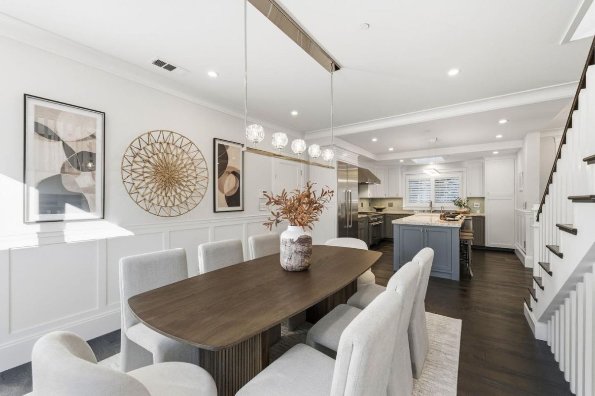 Dining room, Interior, Kitchen, Pendant Lights, Recessed Lighting, Stainless Steel Appliances, Wood Texture Flooring