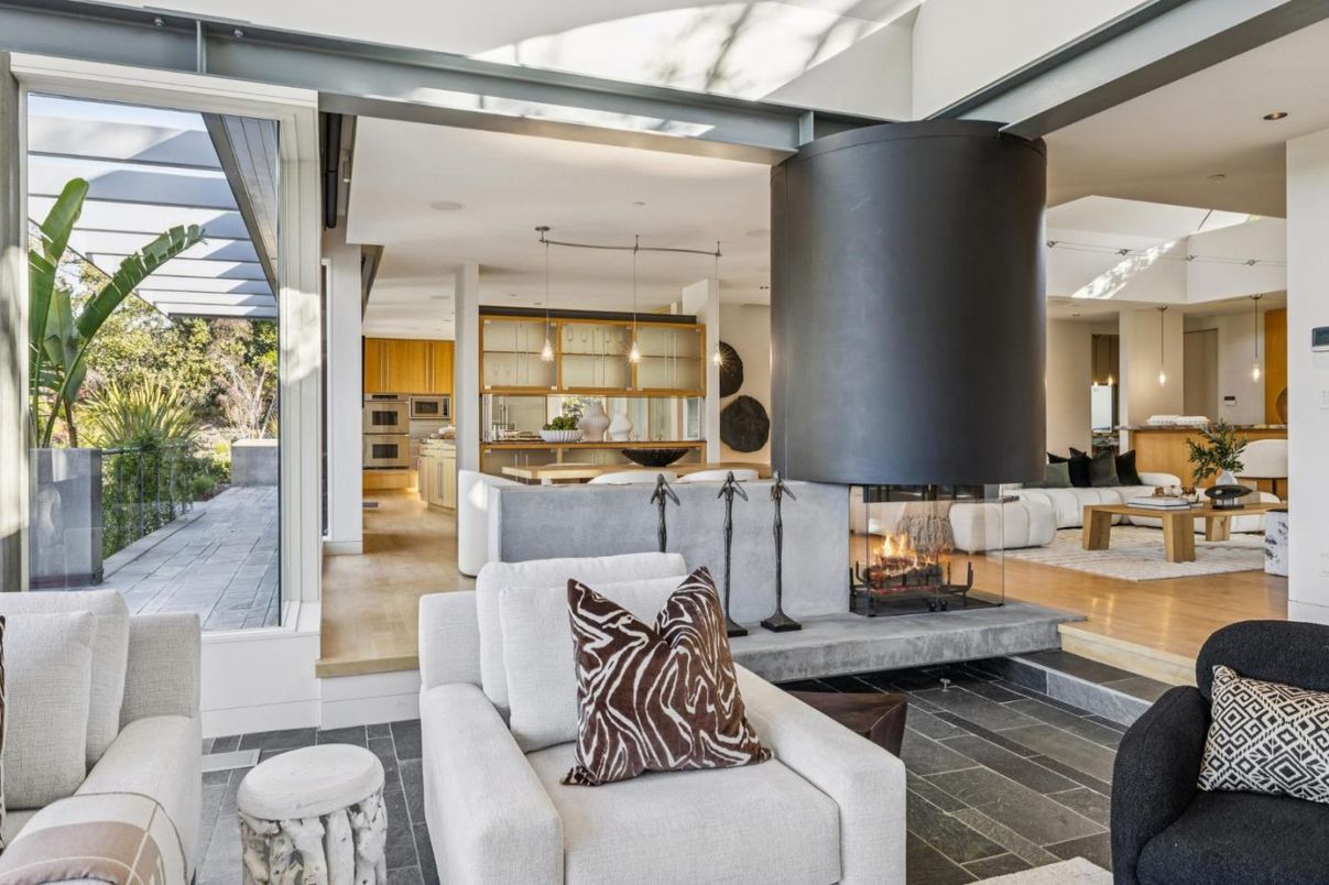 Dining room, Fireplace, Interior, Kitchen, Living room, Pendant Lights, Recessed Lighting