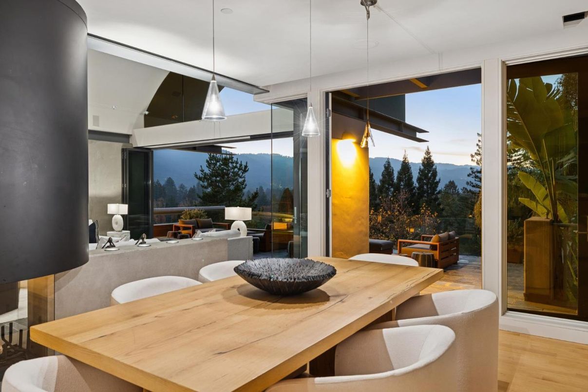 Dining room, Interior, Living room, Pendant Lights, Wood Texture Flooring