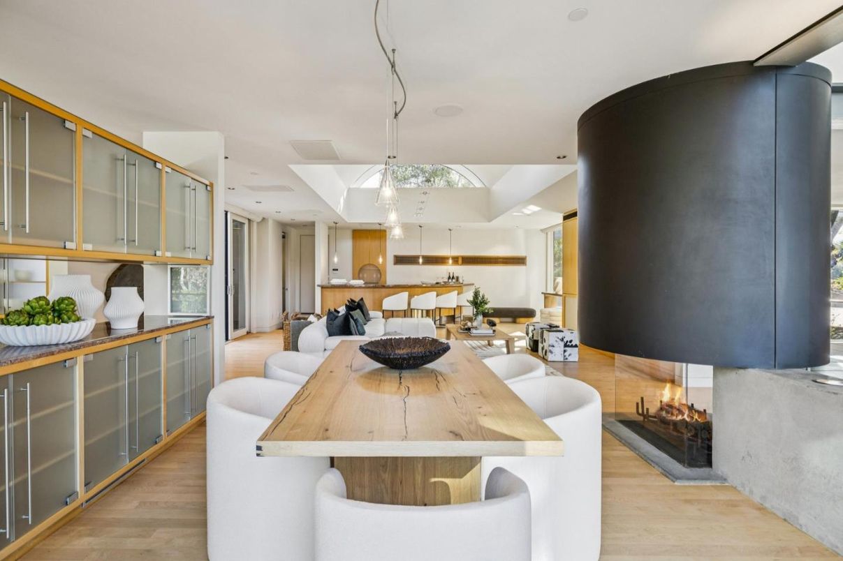 Dining room, Fireplace, Interior, Kitchen, Living room, Pendant Lights, Recessed Lighting, Wood Texture Flooring