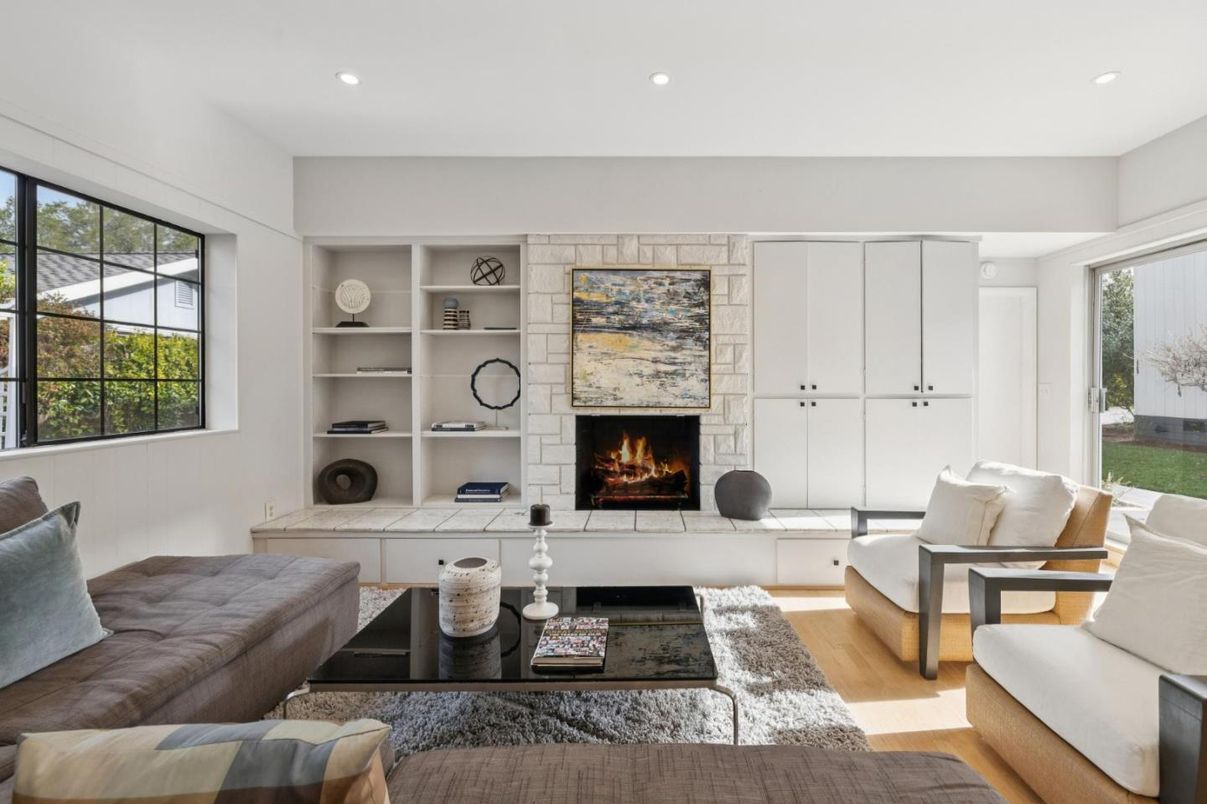 Fireplace, Interior, Living room, Recessed Lighting, Stone Walls, Wood Texture Flooring