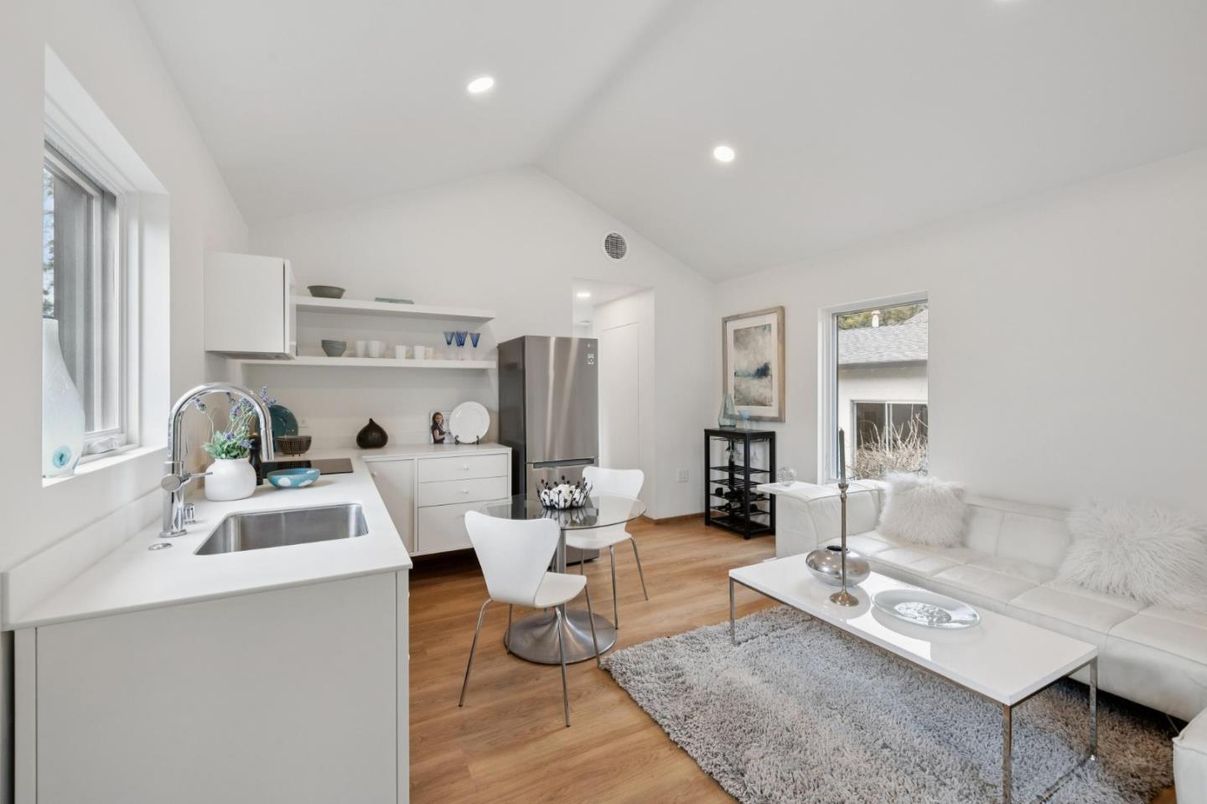 Dining room, Interior, Kitchen, Living room, Recessed Lighting, Wood Texture Flooring