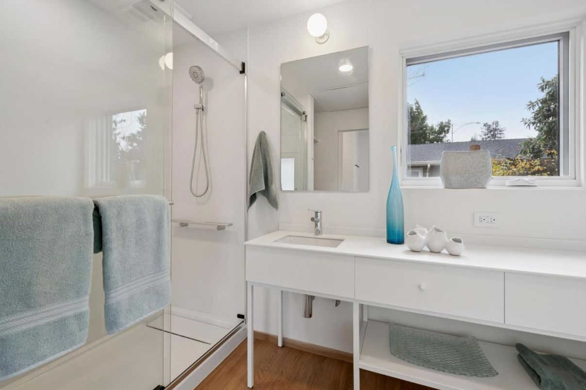 Bathroom, Dual Sink Vanities, Glass Shower, Interior, Wood Texture Flooring