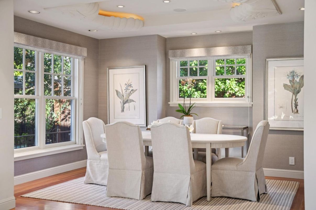 Dining room, Interior, Recessed Lighting, Wood Texture Flooring