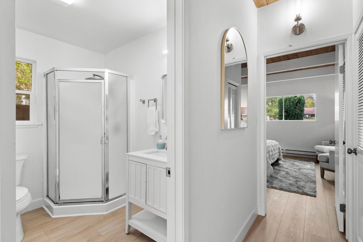 Bathroom, Bedroom, Glass Shower, Interior, Wood Texture Flooring