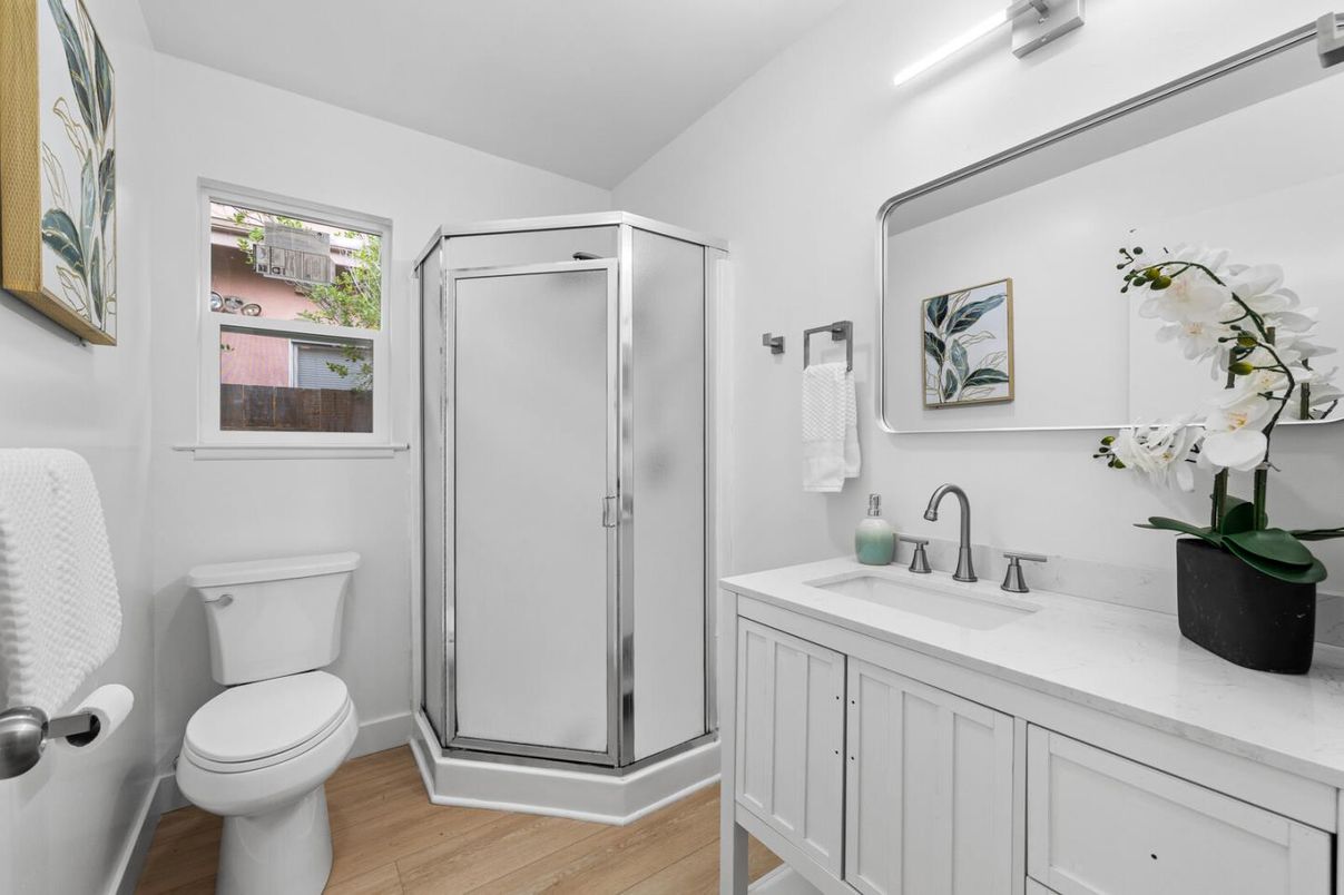 Bathroom, Glass Shower, Interior, Wood Texture Flooring