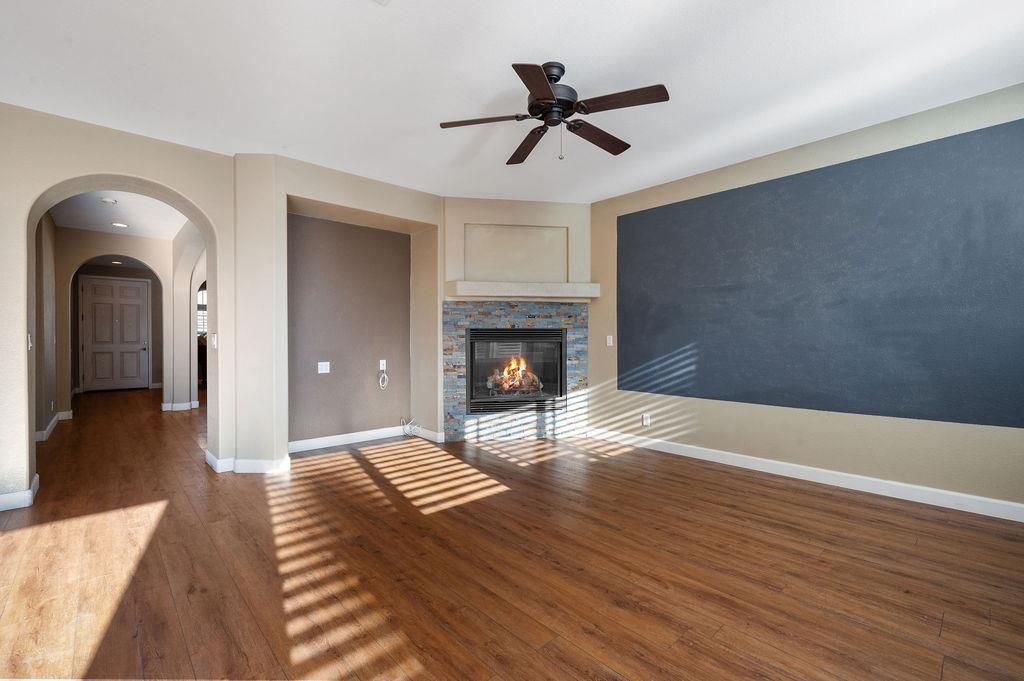 Empty room, Fireplace, Interior, Recessed Lighting, Wood Texture Flooring