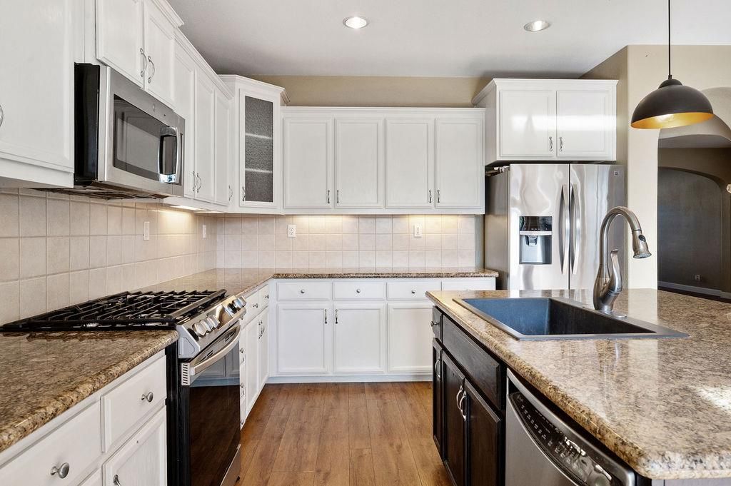 Interior, Kitchen, Pendant Lights, Recessed Lighting, Stainless Steel Appliances, Wood Texture Flooring