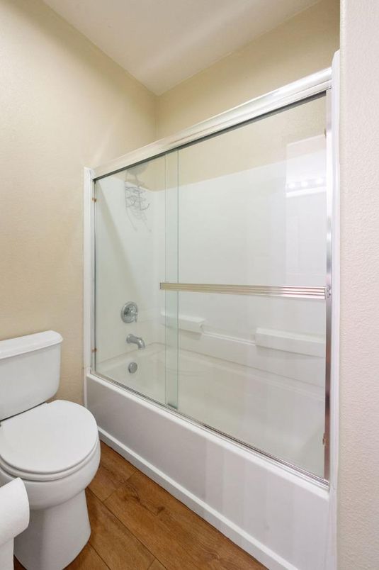 Bathroom, Glass Shower, Interior, Wood Texture Flooring