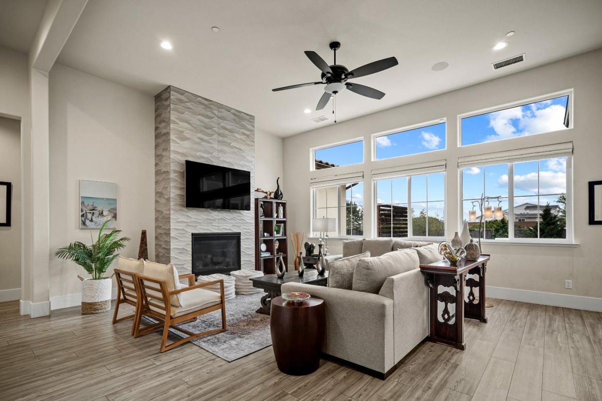 Fireplace, Interior, Living room, Recessed Lighting, Stone Walls, Wood Texture Flooring